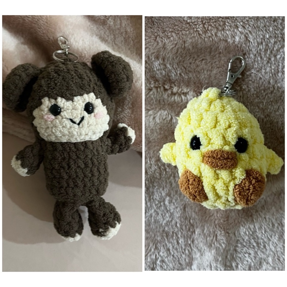 2 Handmade crochet monkey & duck keychain
